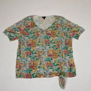 Talbots Summer European Beach Sail Vacation Print Knotted Hem Cotton Blouse